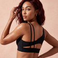 Black sports bra with crisscross strappy back and wide underband