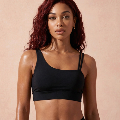 Black strappy active sports bra, square neckline, smooth fit