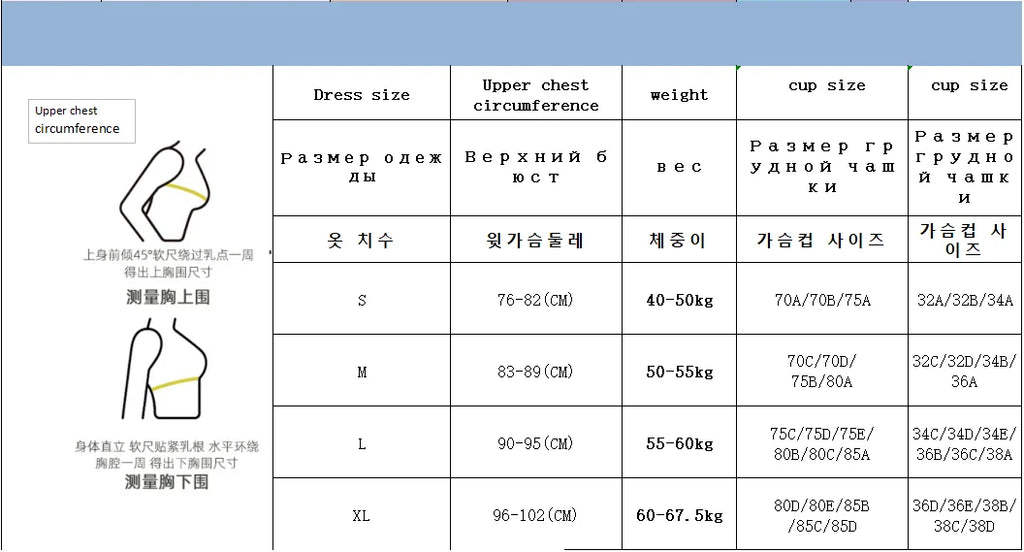 Size chart for strappy active sports bra—upper chest and cup sizes