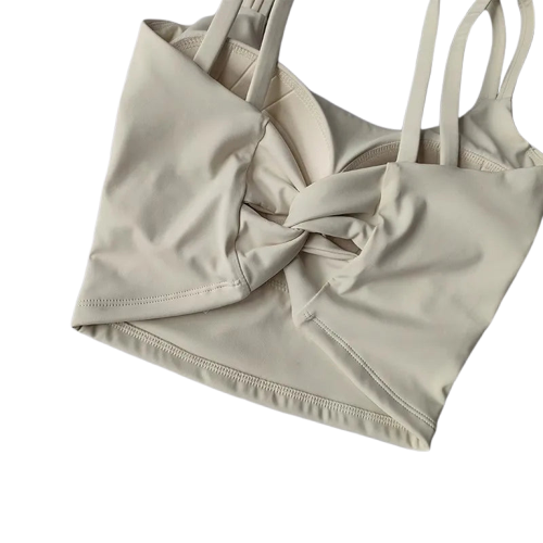 Xooie Fit Stylish Fitness Bra in Light Beige with a Unique Twist Design for Comfort and Style