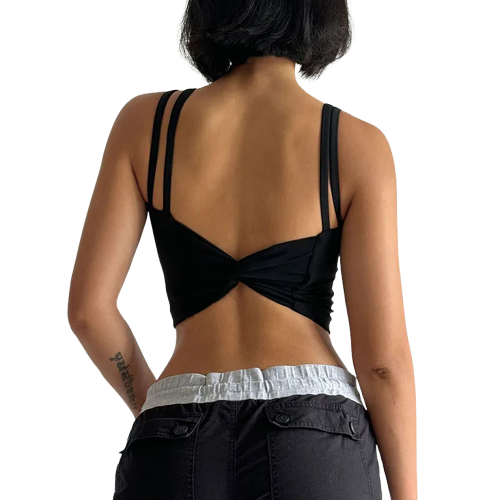Back view of Xooie Fit stylish fitness bra with a chic twist design and adjustable straps