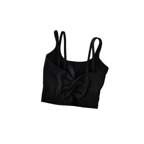 Black stylish fitness bra from Xooie Fit with adjustable straps and a trendy knot design