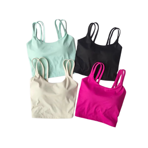 Four Xooie Fit stylish fitness bras in mint green, black, beige, and pink colors for workout comfort