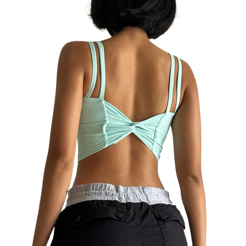 Back view of a stylish fitness bra by Xooie Fit with a modern twist design