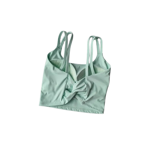 Light green stylish fitness bra with a unique knot design and adjustable straps