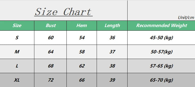 Xooie Fit Stylish Fitness Bra Size Chart with Bust, Hem, Length, and Recommended Weight