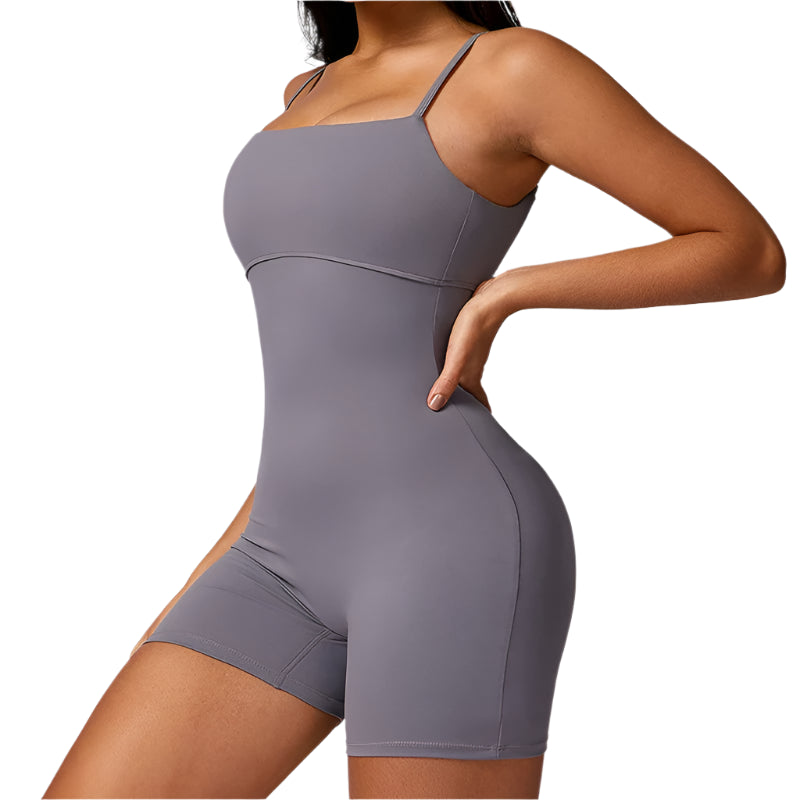 Xooie Fit stylish workout romper in gray with a fitted design and adjustable straps