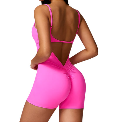 Xooie Fit Stylish Workout Romper in Bright Pink with Open Back Design for Trendy Activewear