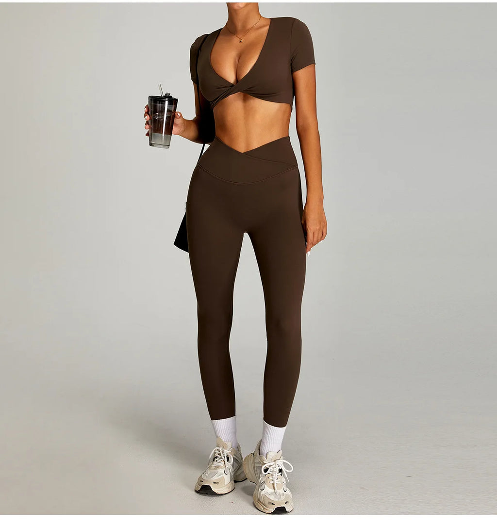 Xooie Fit twist crop top and leggings outfit in brown, perfect for workouts and casual wear