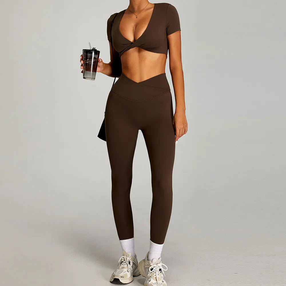 Xooie Fit twist crop top and leggings outfit in brown, perfect for stylish workouts and casual wear