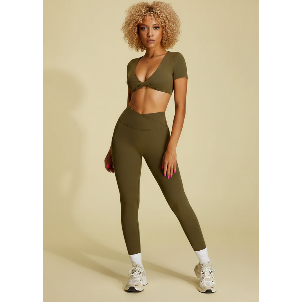Stylish twist crop top and leggings outfit in olive green, perfect for workouts and casual wear
