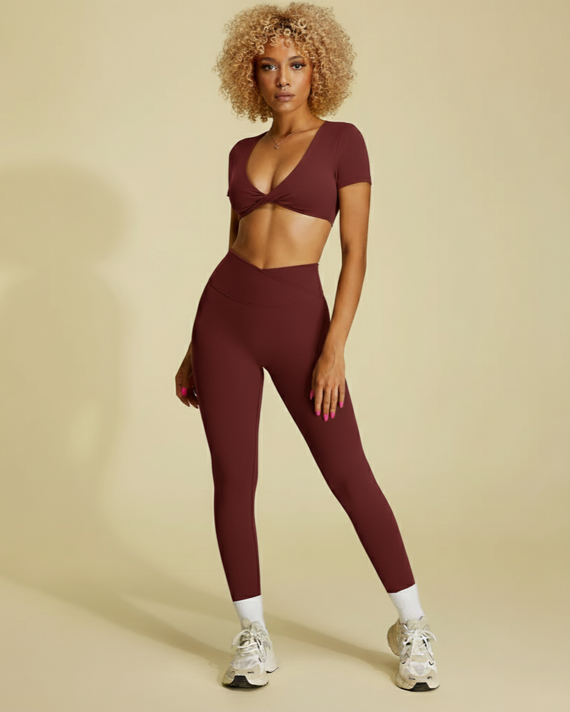 Xooie Fit twist crop top and leggings outfit in burgundy, perfect for stylish workouts or casual wear