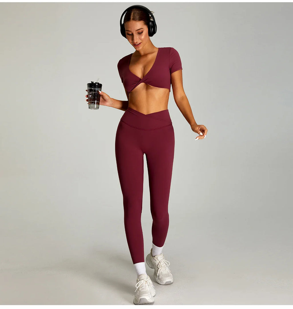 Xooie Fit twist crop top and leggings outfit in burgundy for stylish workouts and everyday wear