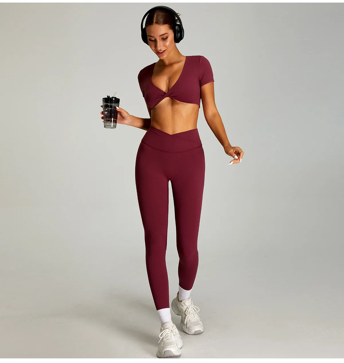 Xooie Fit twist crop top and leggings outfit in burgundy for stylish workouts and everyday wear