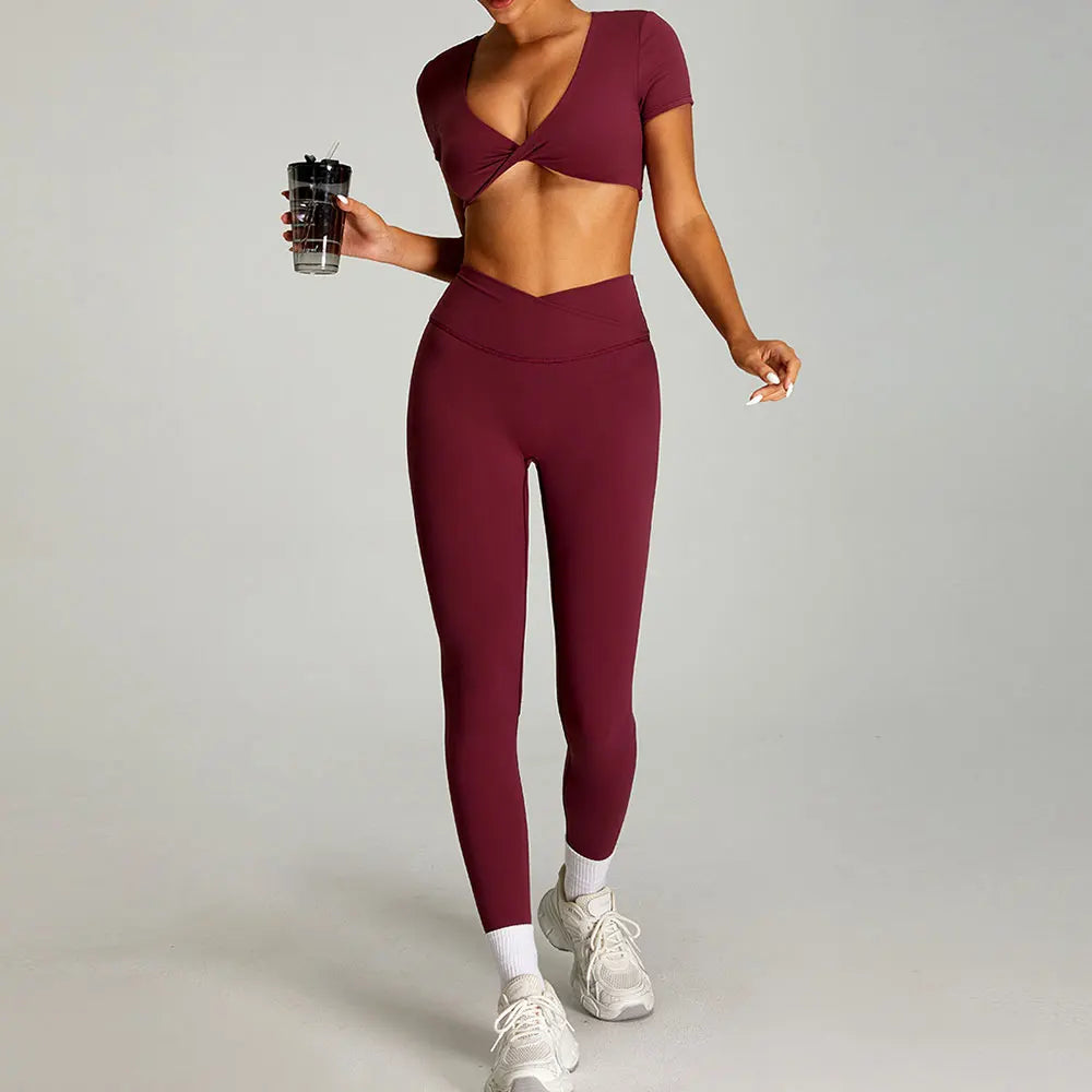 Xooie Fit twist crop top and leggings outfit in burgundy, perfect for activewear and workouts