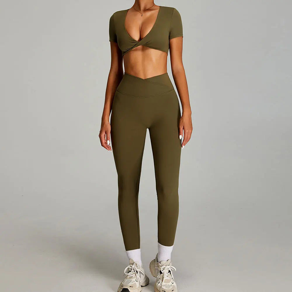 Xooie Fit twist crop top and leggings outfit in olive green for stylish activewear enthusiasts