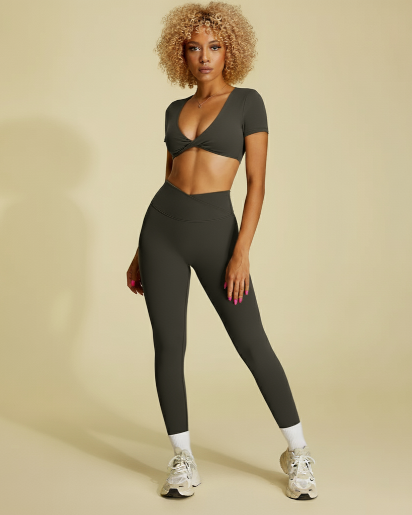 Xooie Fit twist crop top and leggings outfit in olive green for stylish workouts