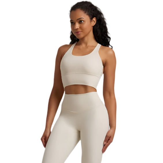 Xooie Fit unique back design sports bra in beige, perfect for workouts and stylish comfort.