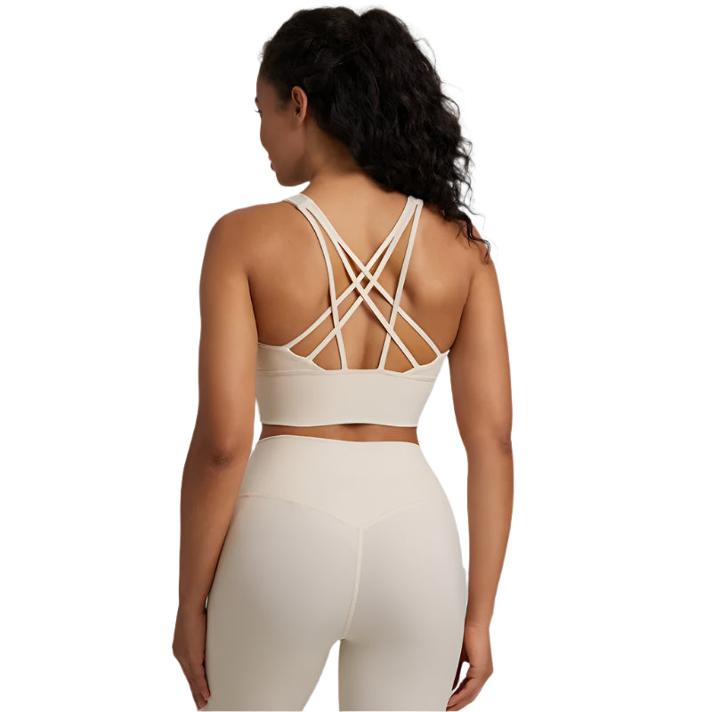 Xooie Fit unique back design sports bra in beige with stylish crisscross straps for comfort and support