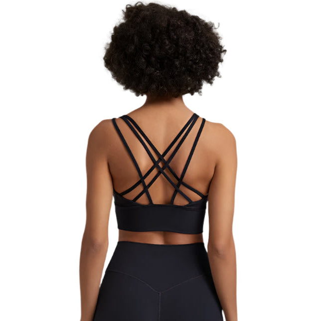 Black Xooie Fit sports bra showcasing a unique back design sports bra with stylish crisscross straps