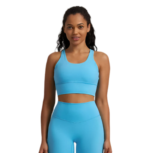 Xooie Fit unique back design sports bra in blue for comfort and support during workouts