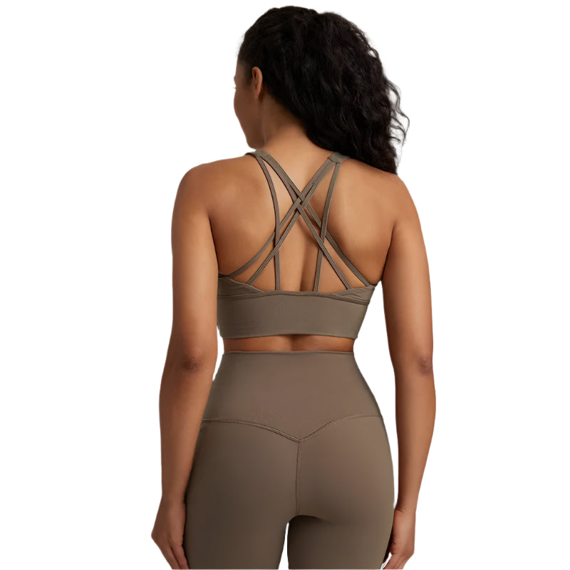 Xooie Fit unique back design sports bra in olive green featuring stylish crisscross straps
