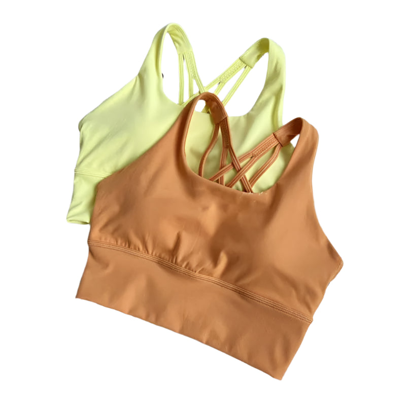 Xooie Fit unique back design sports bra in orange and yellow, perfect for active workouts