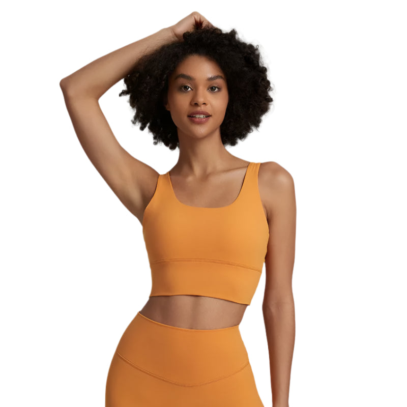 Xooie Fit unique back design sports bra in vibrant orange for comfortable workout support
