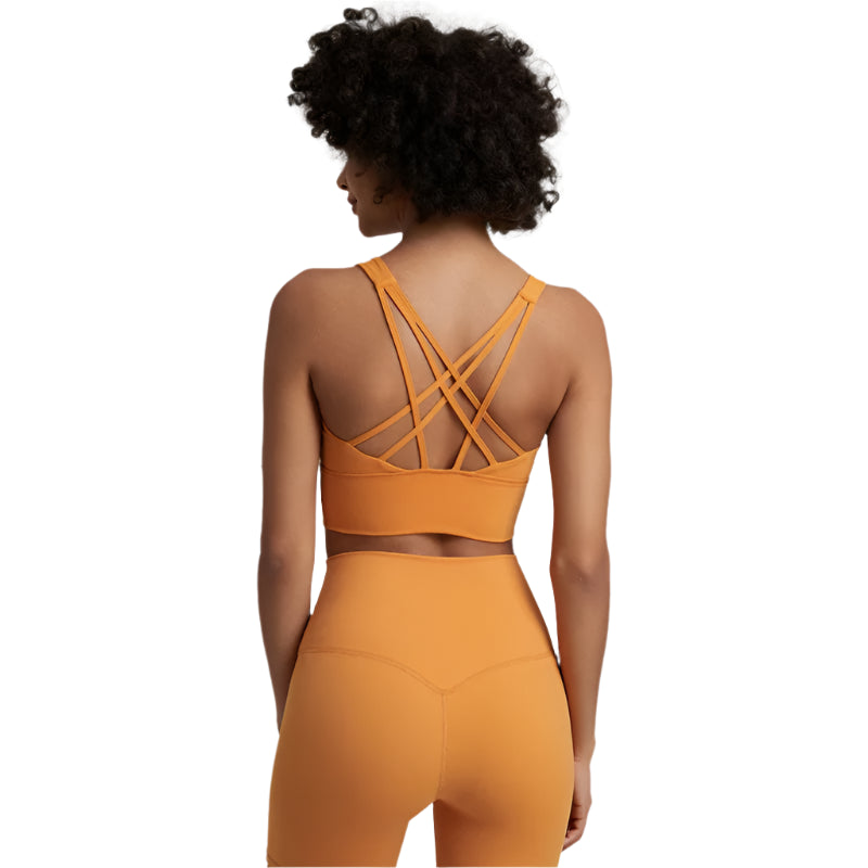 Xooie Fit unique back design sports bra in orange with stylish crisscross straps for comfort and support