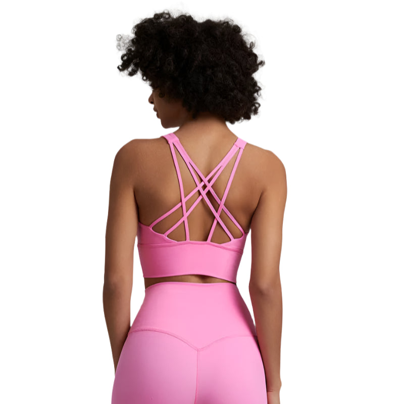 Xooie Fit unique back design sports bra in pink with stylish crisscross straps for optimal support