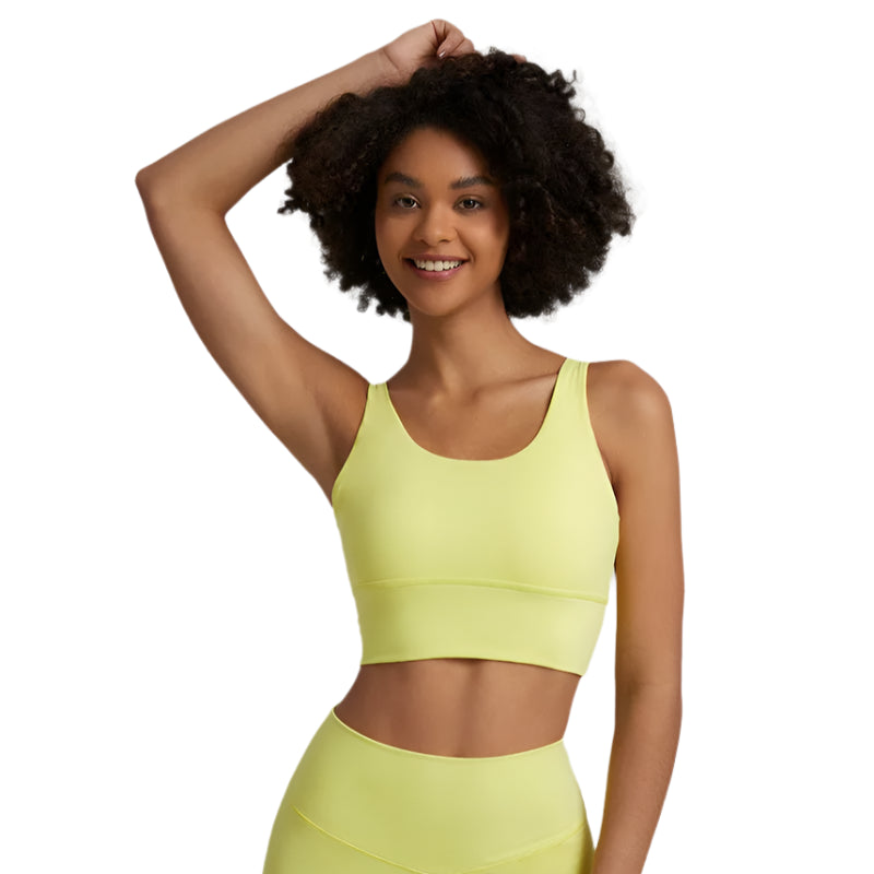 Xooie Fit unique back design sports bra in vibrant yellow for comfort during workouts