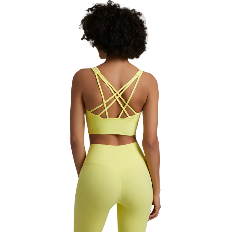 Xooie Fit Women's Sports Bra with a unique back design sports bra in bright yellow for active wear