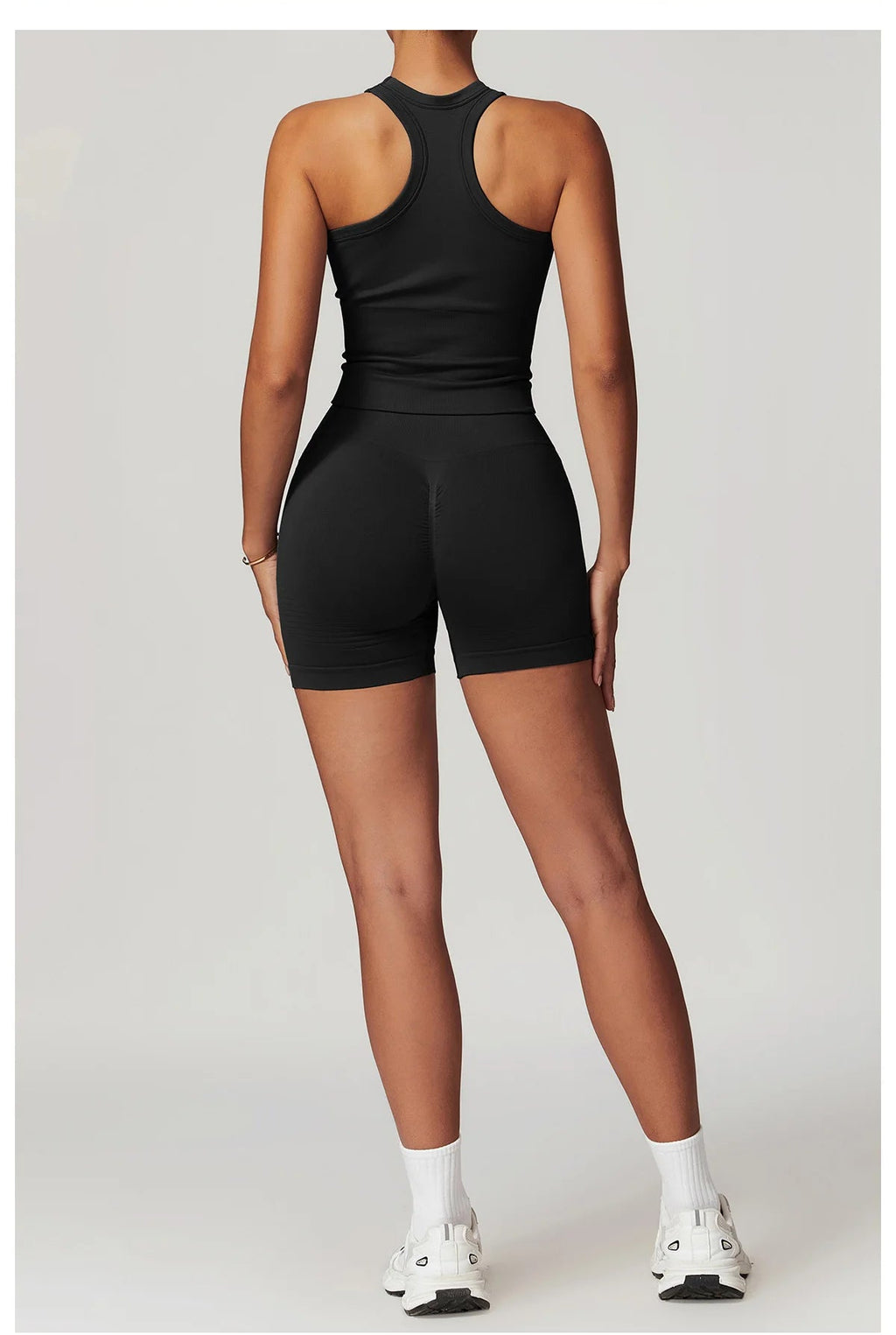 Black vest tank & active shorts matching set, back view