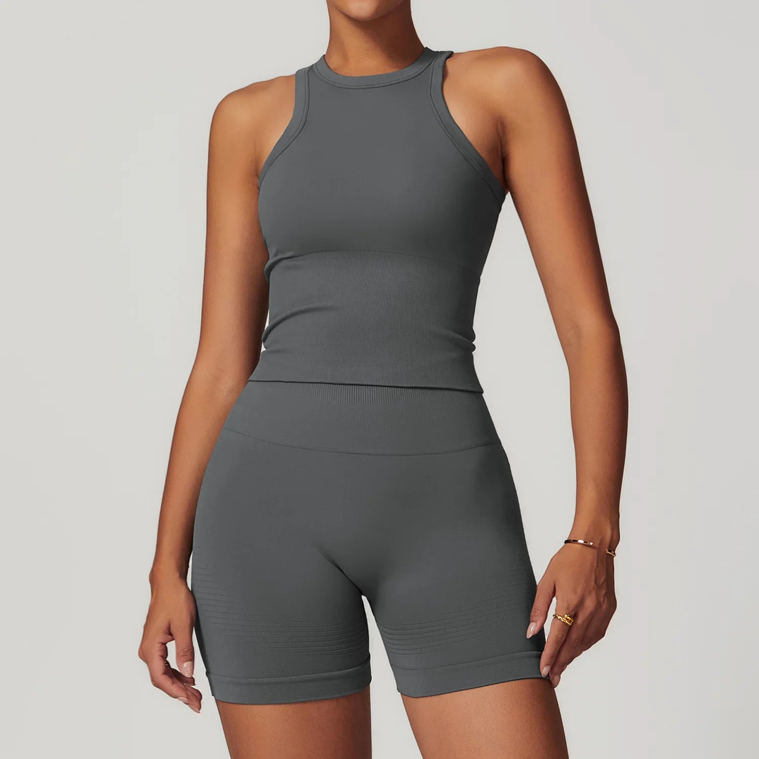 Mid Grey vest tank & active shorts matching set, side view