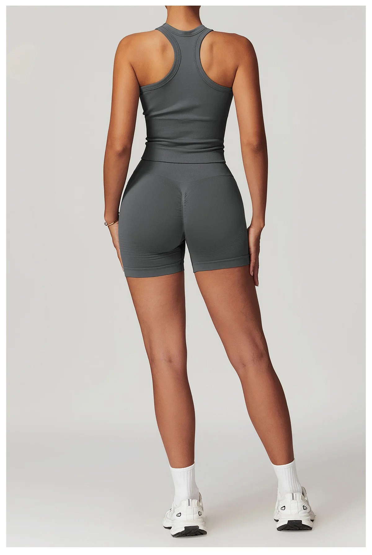 Mid grey vest tank and active shorts matching set, sleeveless high-neck workout