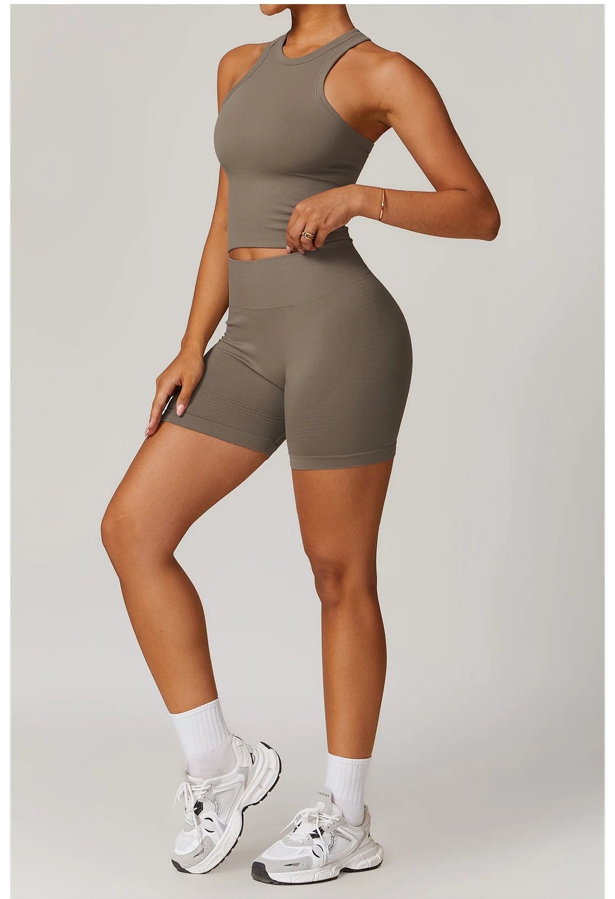Tan vest tank & active shorts matching set, racerback sleeveless