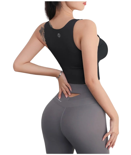 Xooie Fit women's activewear top in black, designed for comfort and style during workouts