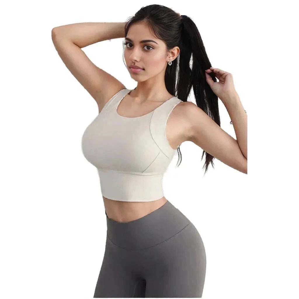 Xooie Fit women's activewear top in beige, perfect for workouts and casual wear.