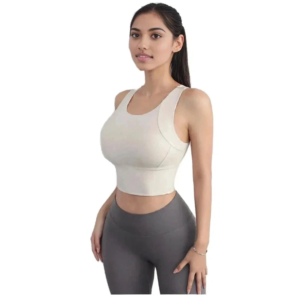 Xooie Fit women's activewear top in beige with a fitted design for comfort and style during workouts