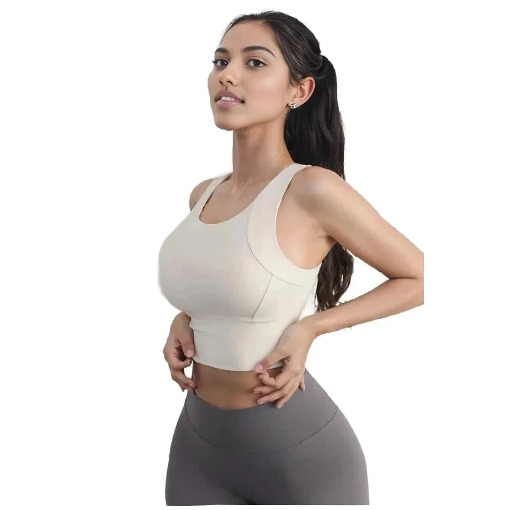 Xooie Fit women's activewear top in beige with a cropped design for comfort and style during workouts