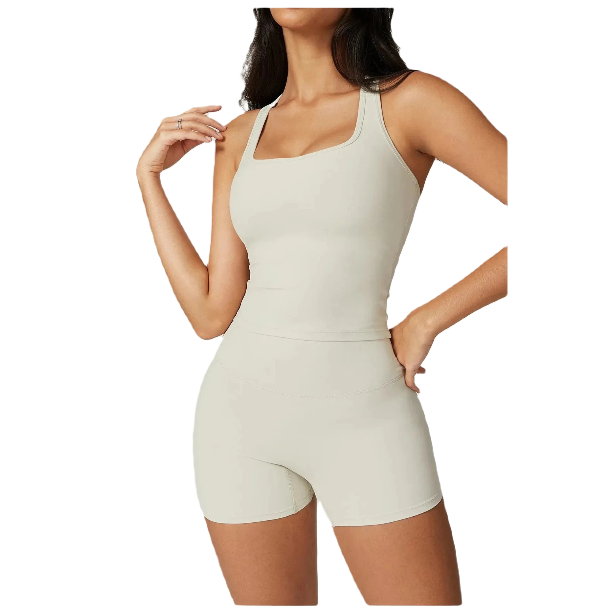 Xooie Fit women's activewear top in cream color with supportive straps and a sleek design