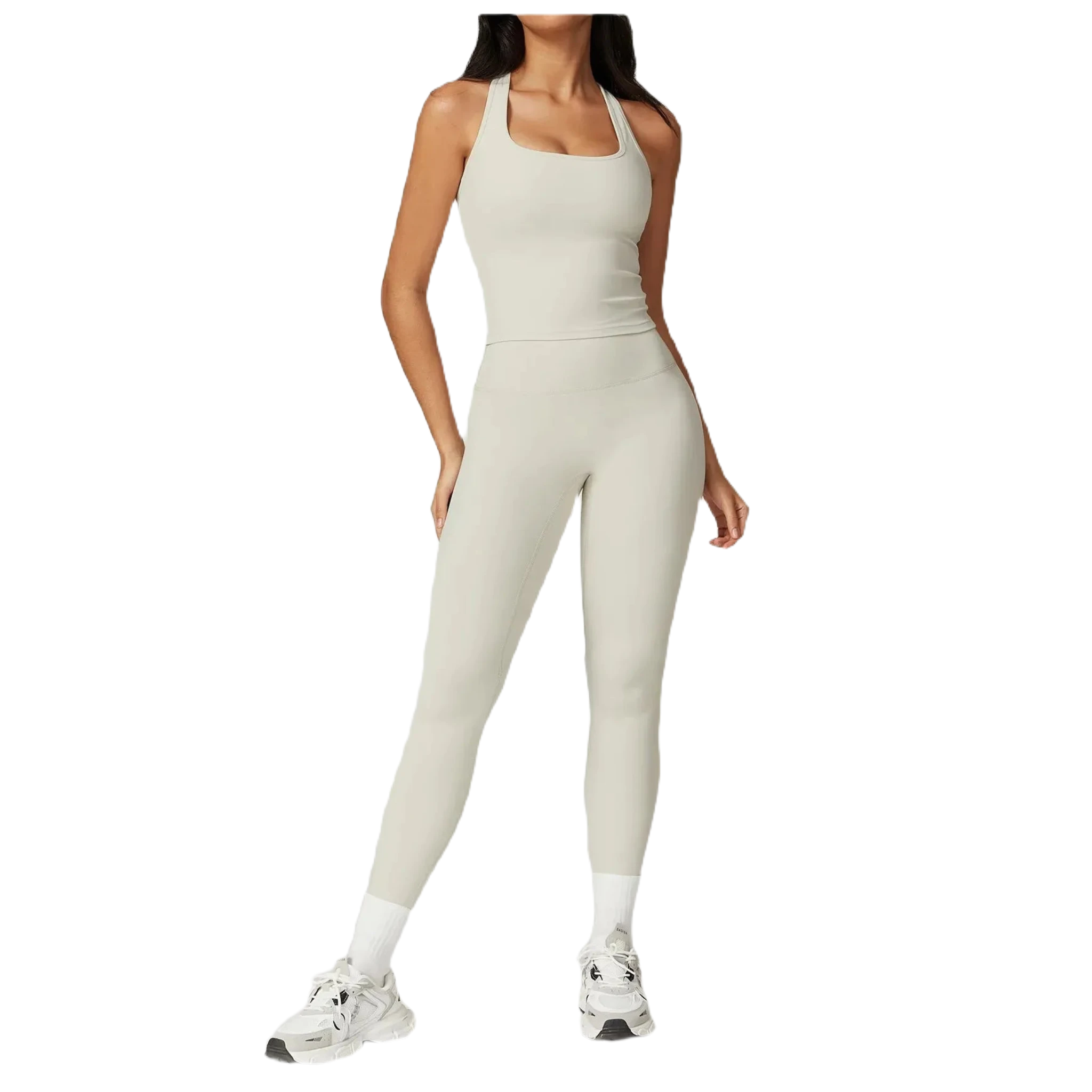 Light gray women's activewear top by Xooie Fit, designed for comfort and style in workouts