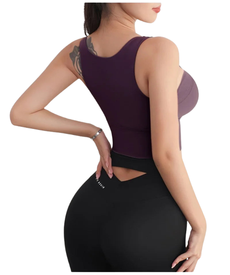 Xooie Fit women's activewear top in purple with a stylish back design for comfort during workouts