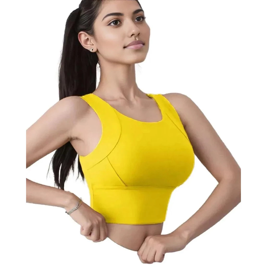 Xooie Fit women's activewear top in vibrant yellow, designed for comfort and support during workouts