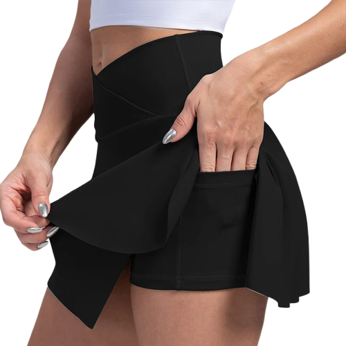 Xooie Fit women's athletic skort in black with pockets and a stylish flared design