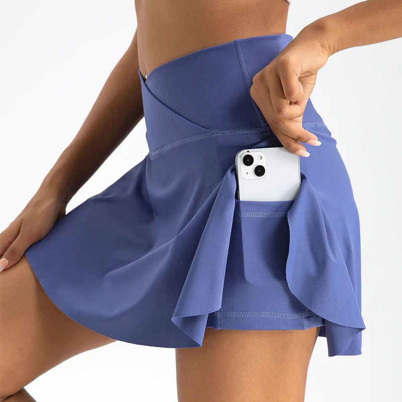 Xooie Fit Women's Athletic Skort in Blue with Side Pocket for Phone Storage