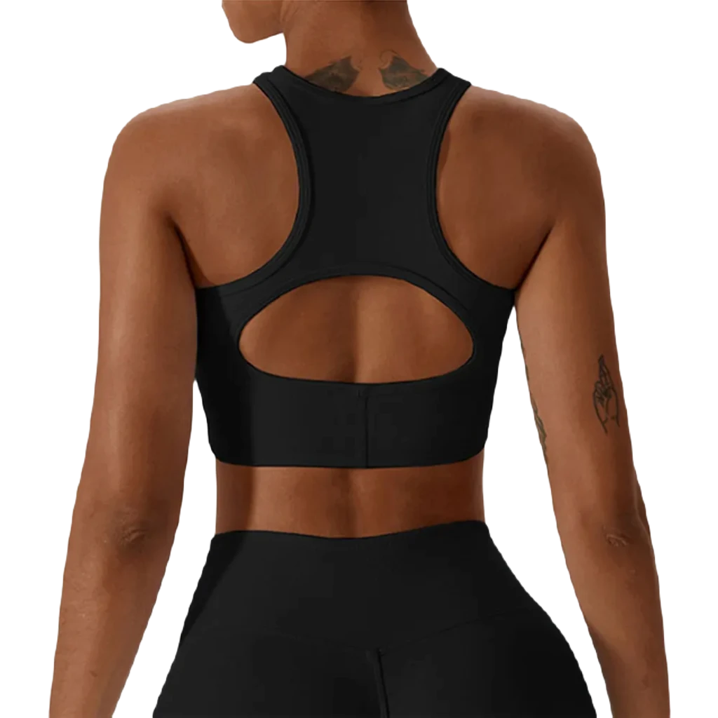Xooie Fit women's fitness bralette in black with a stylish cutout back design for comfort and style