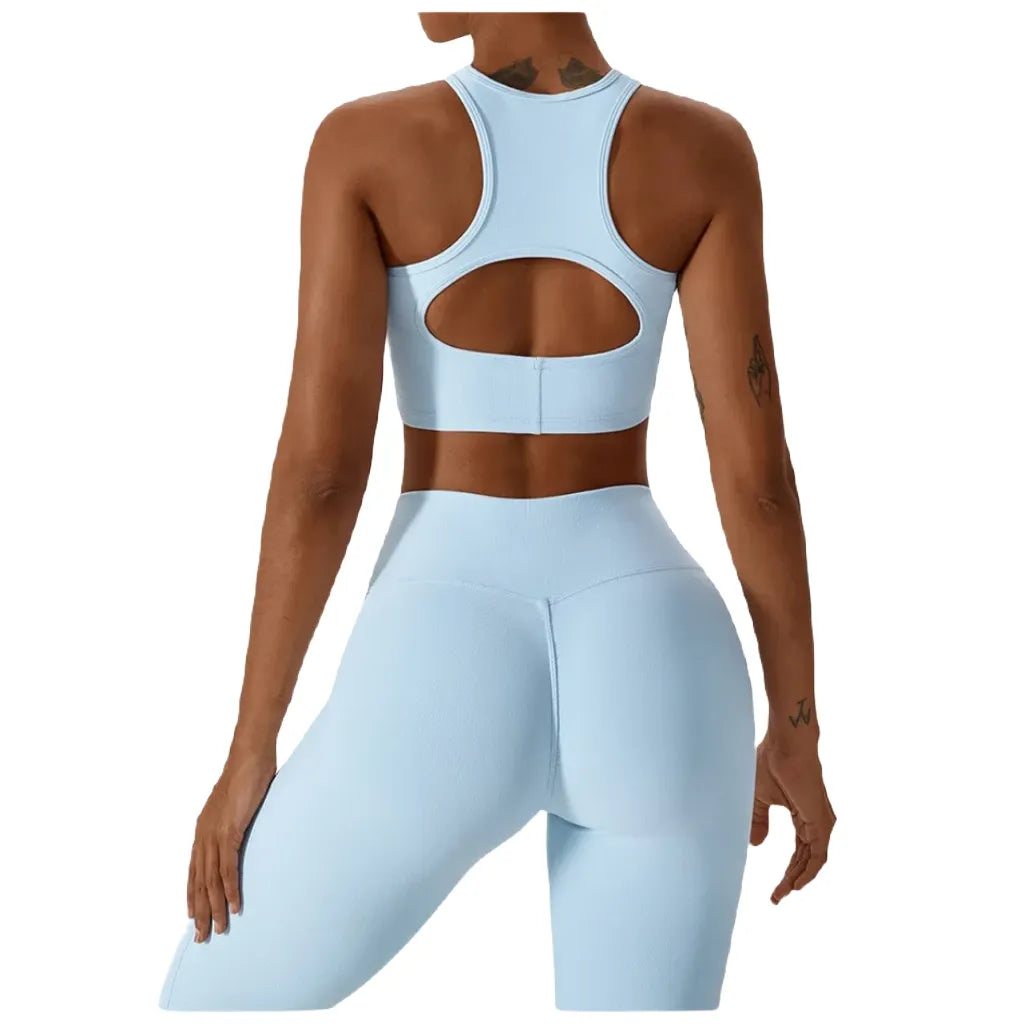 Xooie Fit Women's Fitness Bralette in Light Blue with Open Back Design for Comfortable Workouts