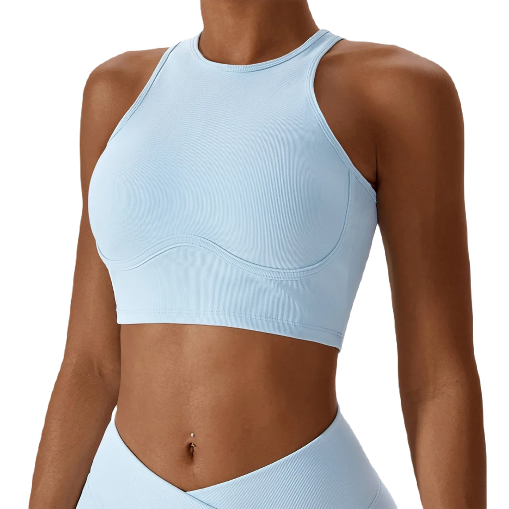 Light blue Xooie Fit women’s fitness bralette designed for comfort and support during workouts