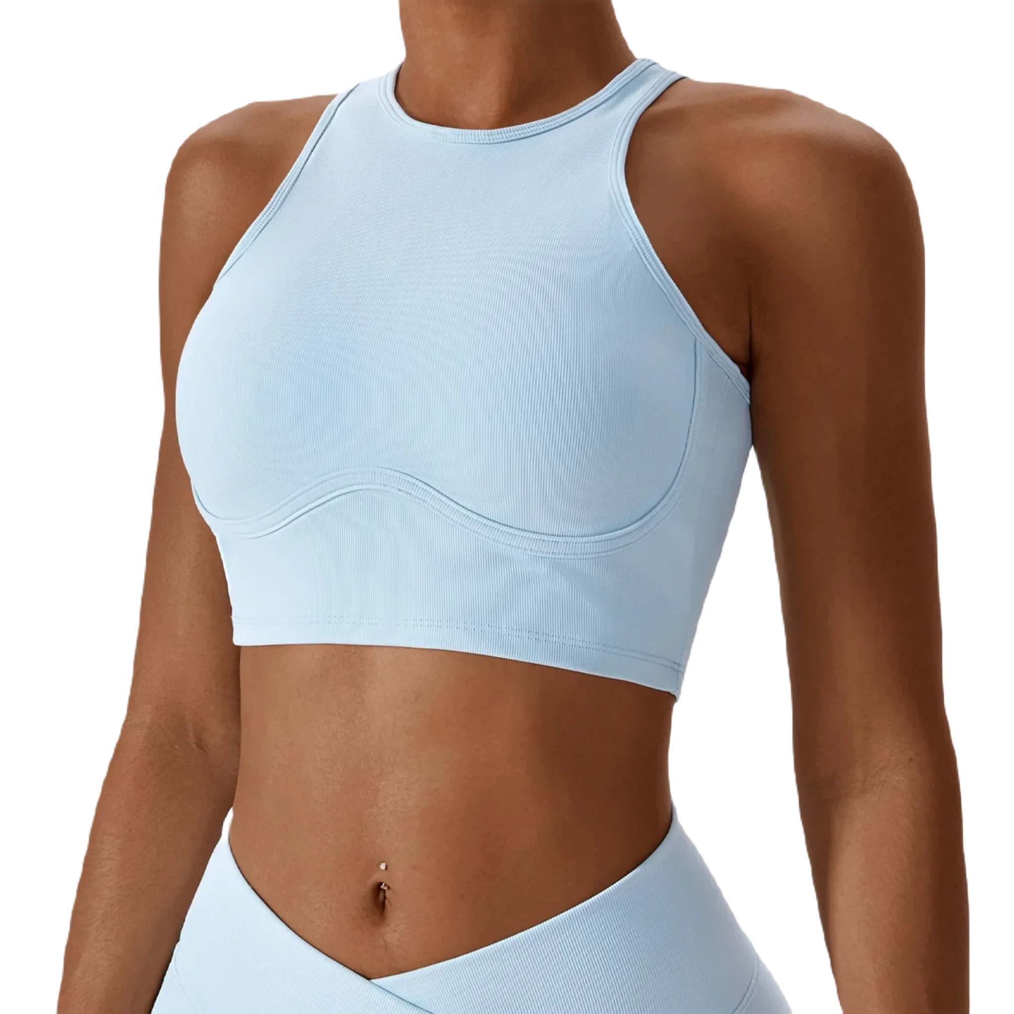 Light blue Xooie Fit women’s fitness bralette designed for comfort and support during workouts